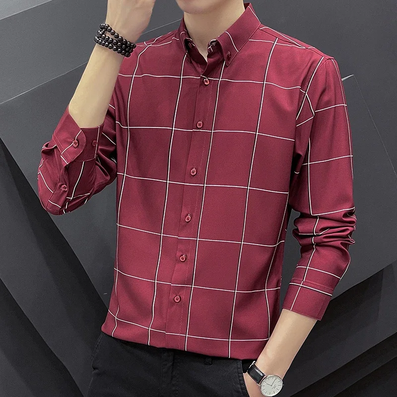 

New Autumn 2024 Mens Business Casual Long Sleeved Shirt Checked Male Social Dress Shirts for Man Camisas Para Hombre