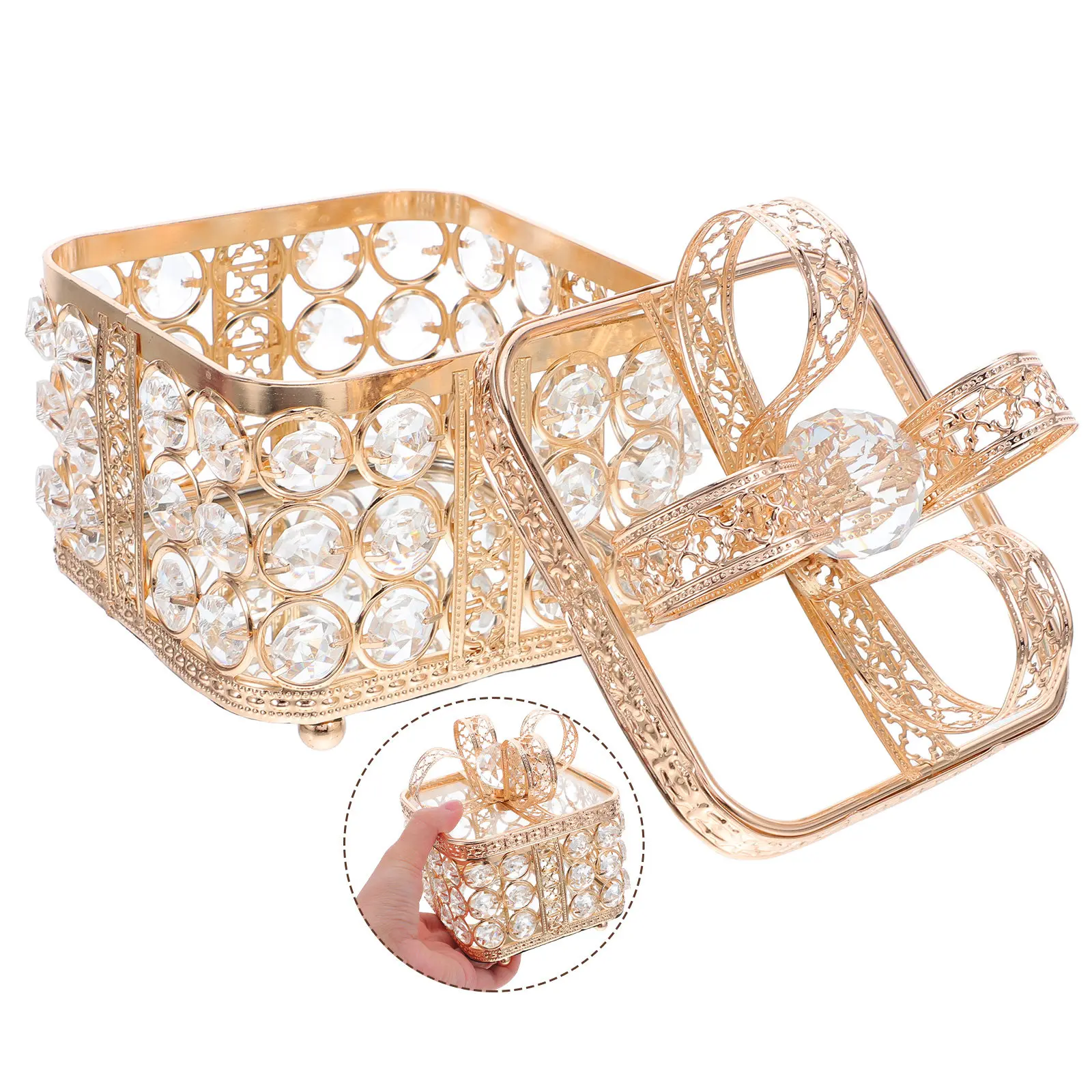 

Винтажная шкатулка для украшений с бантом, зеркалом, металлическая, с кристаллами, для хранения колец, серег, ожерелий, органайзер для мелочей, декоративный сундучок для драгоценностей