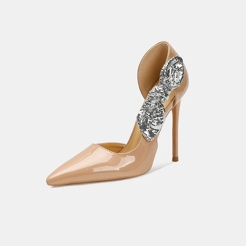 Spring and summer new pointed side air sequin bow patent leather sandals for banquets large-sized slim high-heeled women's shoes