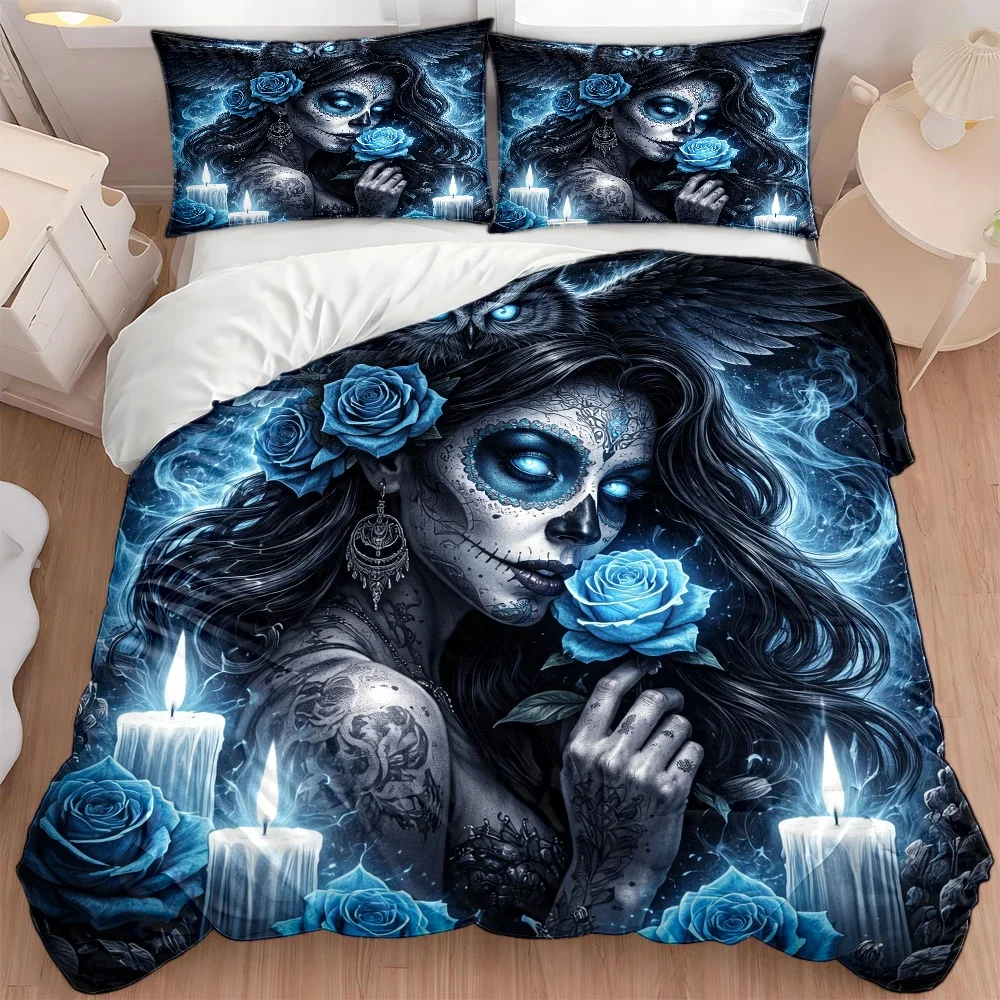 3Pc Skull Rose Owl Theme Duvet Cover Set, Three-Piece Bedding Set (1*Duvet Cover + 2*Pillowcases), Suitable for All Seasons, Machine Washable, Invisible Zipper Design, Large Double Bed Cover Set, Universal for Home, Dorm, Master Bedroom, Guest Room, Dark Style Artistic Print Bedding, Mysterious Blue Candlelight Tattoo Elements, Trendy Personalized Bedroom Bedding Set 2D Flat Print Modern Hut Mod