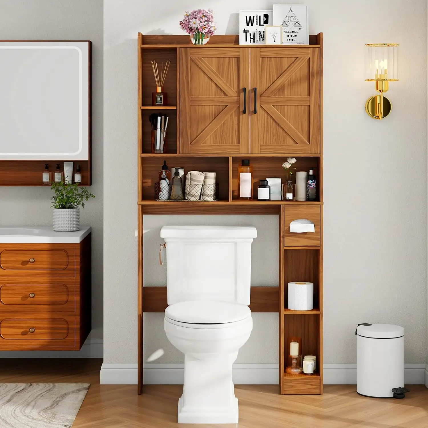 

Over The Toilet Storage Cabinet, Farmhouse Storage Cabinet Over Toilet with 2 Barn Door & Toilet Paper Holder Stand，Home Space-S