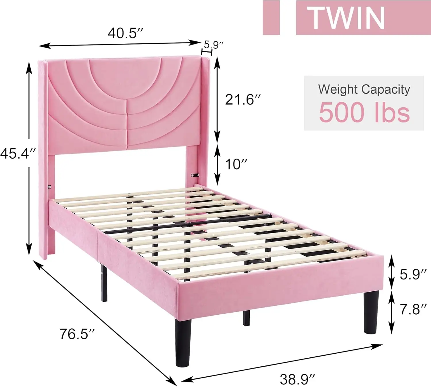 Twin gestoffeerd platformbedframe met stoffen hoofdeinde, houten lattenbodem/geen boxspring nodig/matrasfundering voor meisjes