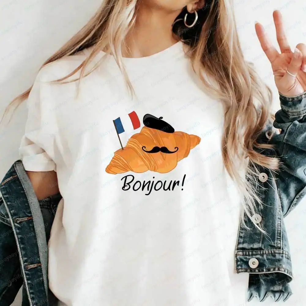 

Funny French Croissant Bonjour T-Shirt Parisian France Flag Cotton Food Aesthetic French Top Gift for France & Food Lovers Tees
