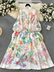French Elegant Linen Floral Holiday Robe Dress Women Spring Summer Stand Long Lantern Sleeve Sashes Vestidos Flral Print Clothes