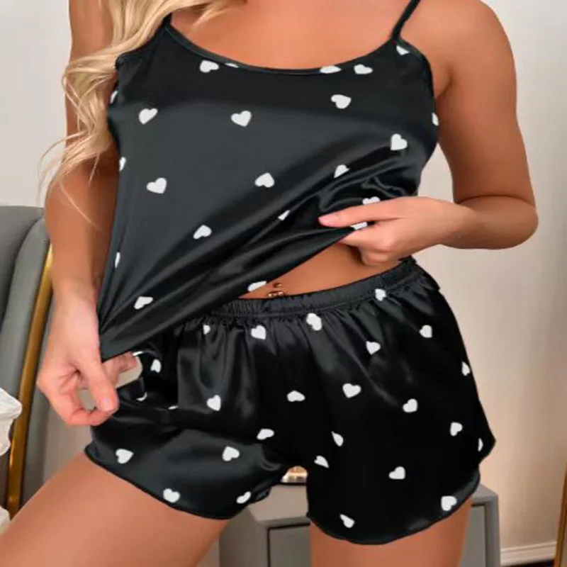 Plus Size Love Print Women Pajamas Two Piece Sexy Camisole Shorts Black Student Pajama Set Easy to Wash Shorts Homewear Two Piec