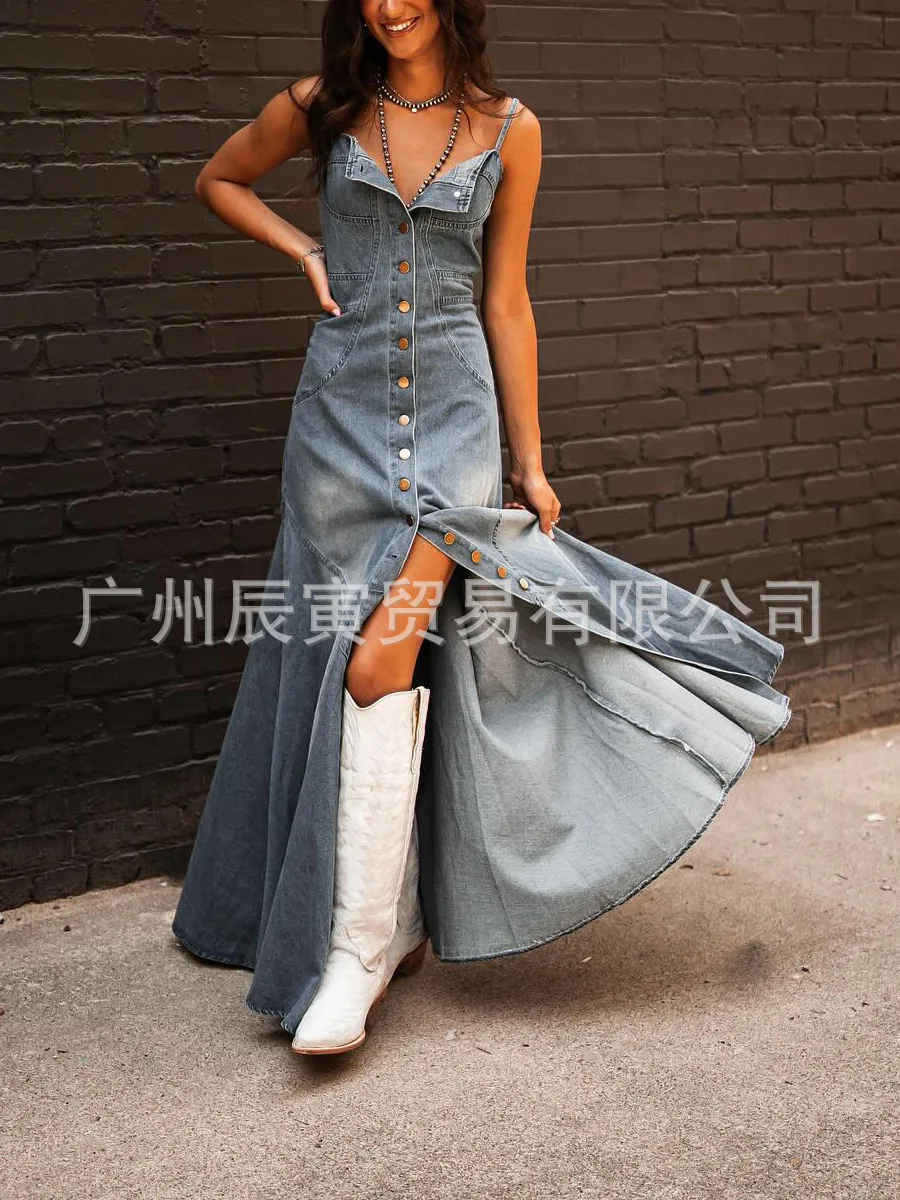 Europe and The United States Retro Wash Do Old Denim Halter Slim Single-breasted Big Swing Dress for Women\'s Summer Vestidos