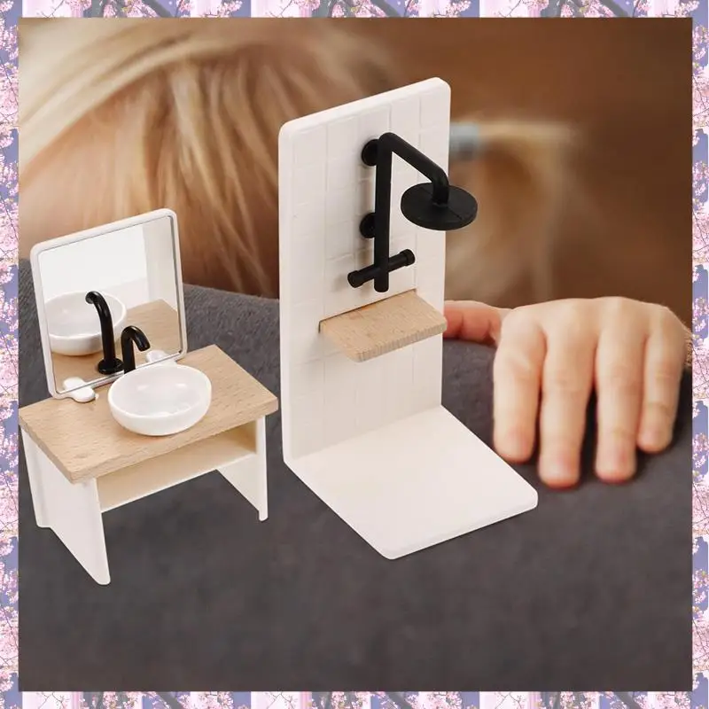 

T84C-8Pcs Bathroom Toilet Bathtub Basin Wooden Bathroom Cabinet With Sink Miniature Furniture For Doll Durable Easy Install