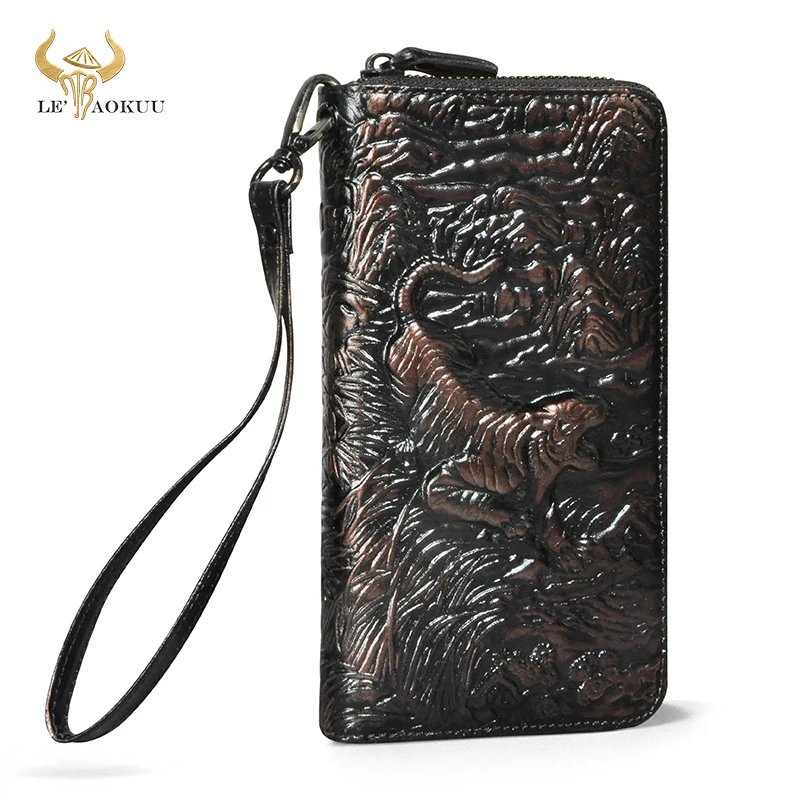 

Real Cattle Leather Vintage Coffee Gift Long Business Card Holder Organizer Travel Chain Wallet Purse For Men Male 1016