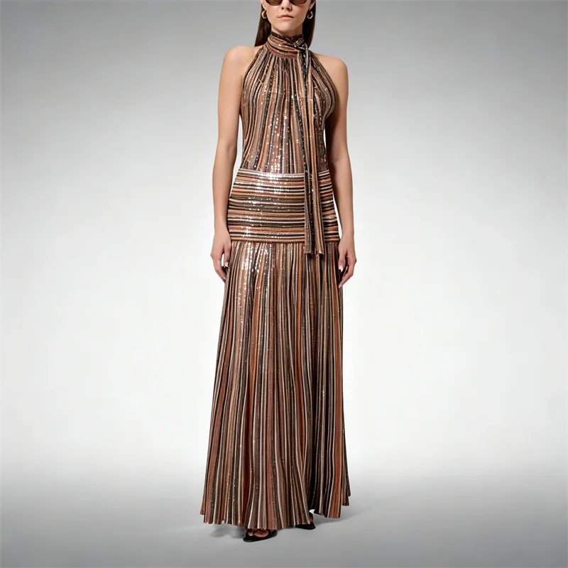 Women Halter Neck Pleated Two-Piece Set Striped Top and Maxi Skirt Elegant Summer Evening Wear Loose Fit Stylish New Arrival