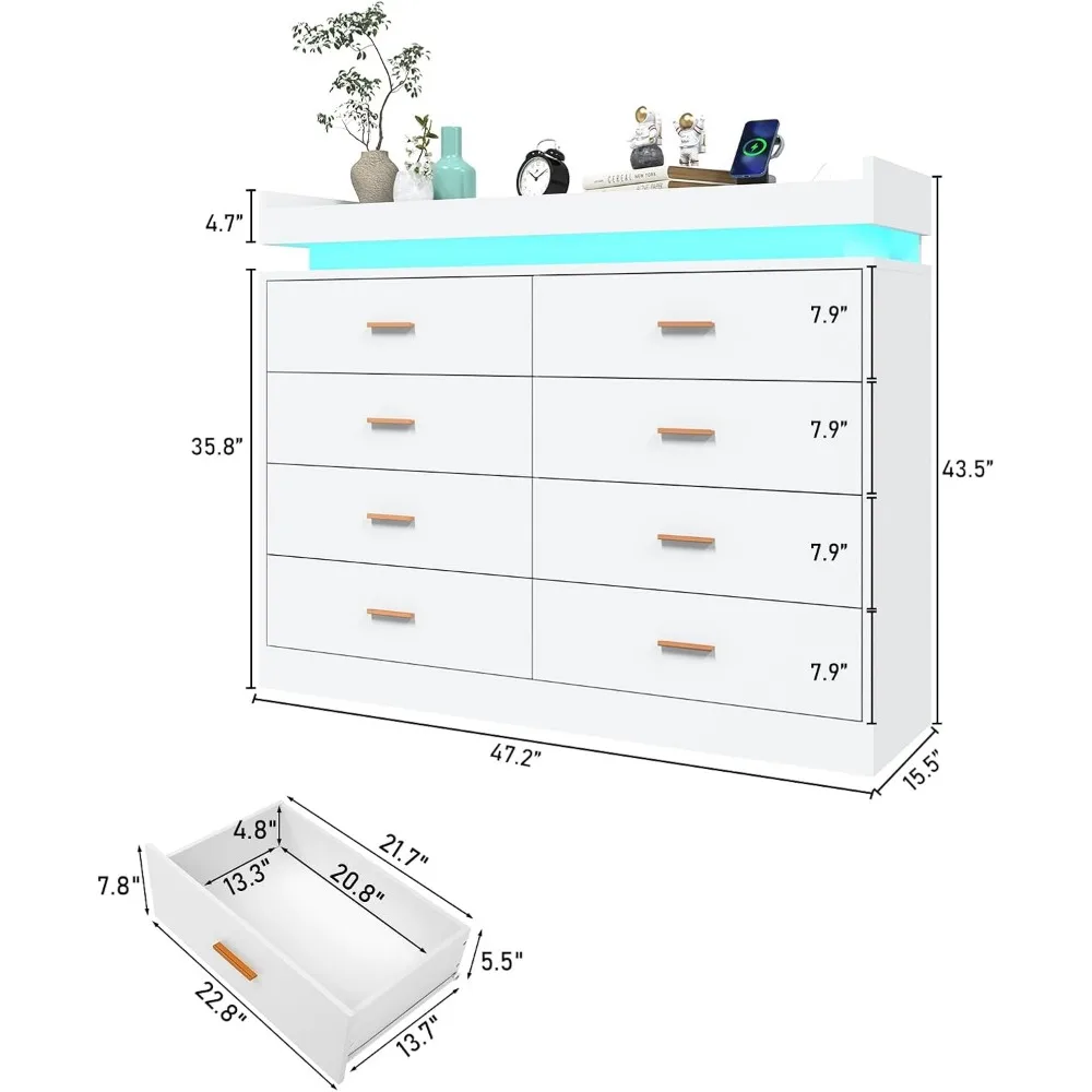 illuminated 8-drawer storage cabinet with charging port for modern wardrobe