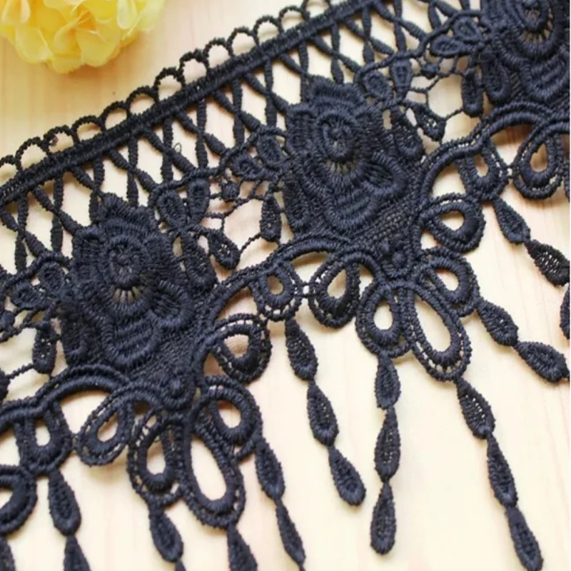 Embroidered Flower Lace Fabric Applique, Polyester Sewing Craft, Crochet, Off White, Black Net, Clothes, 2 Yards/Lot