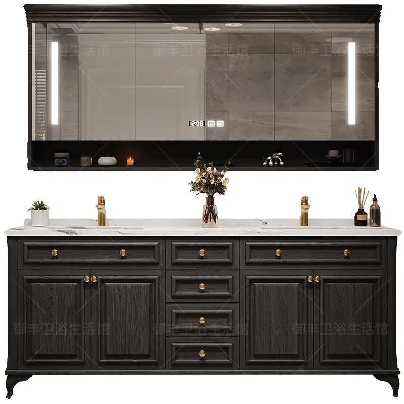 

American retro red oak bathroom cabinet bathroom solid wood combination floor-standing slate double basin intelligent washbasin