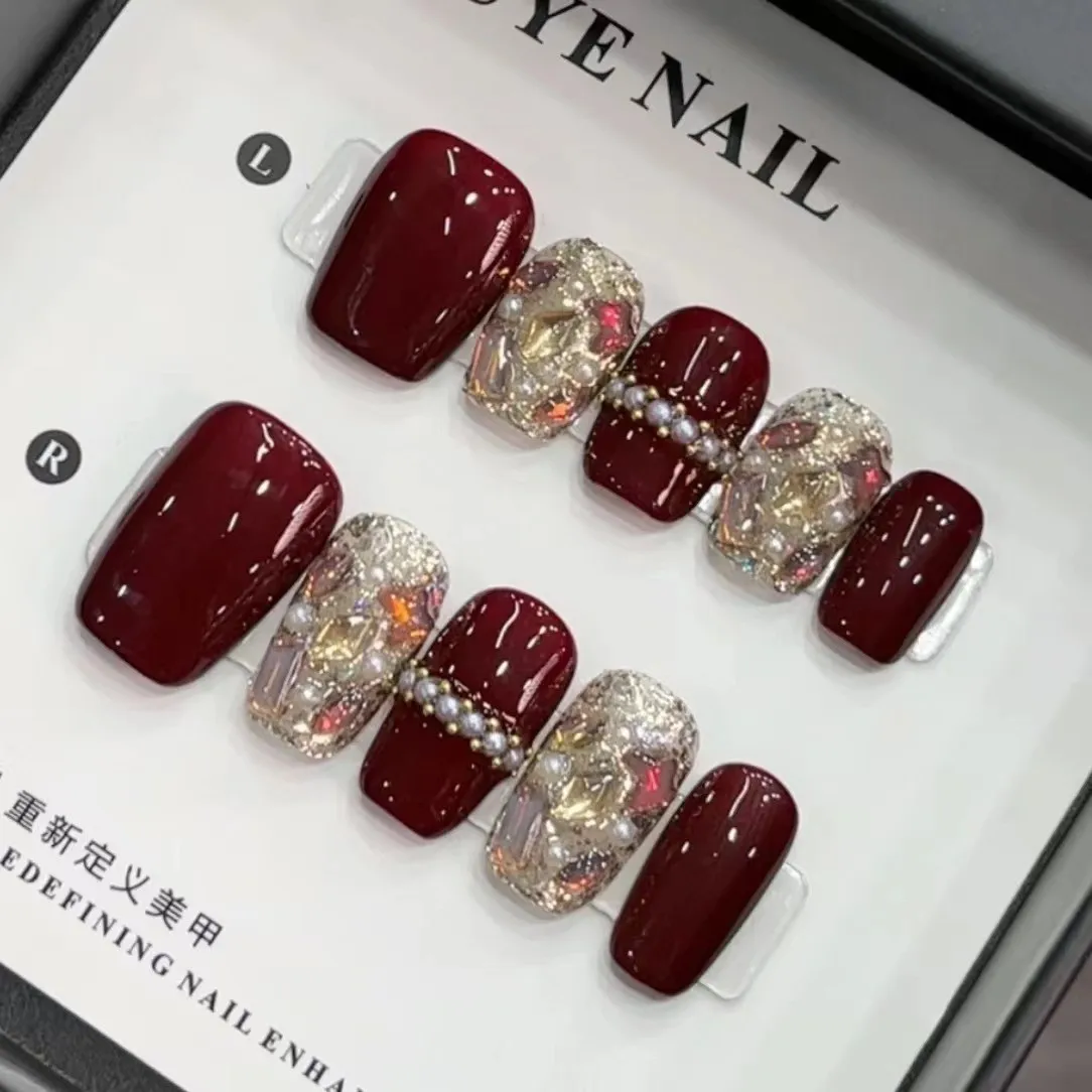 

10pcs Handmade Press on Nails Cherry Red French Manicure with Full Rhinestones Fake Nail for Women&Girl Detachable Wearable Nail