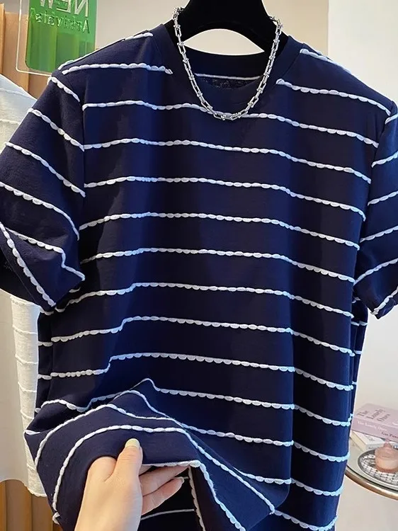 

Loose Fit Pure Cotton Striped Short Sleeve T-Shirt Unisex Fashionable Breathable Sun Protection round Neck Top for Adults