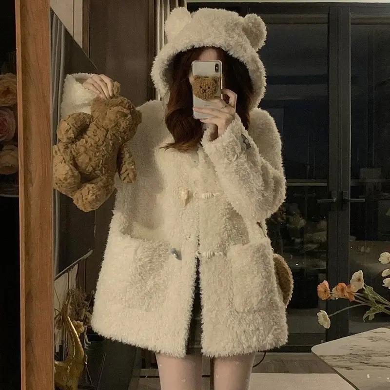 

Design Hooded Lamb Wool Top Women's Winter Color Corner Button Rabbit Ear Coat