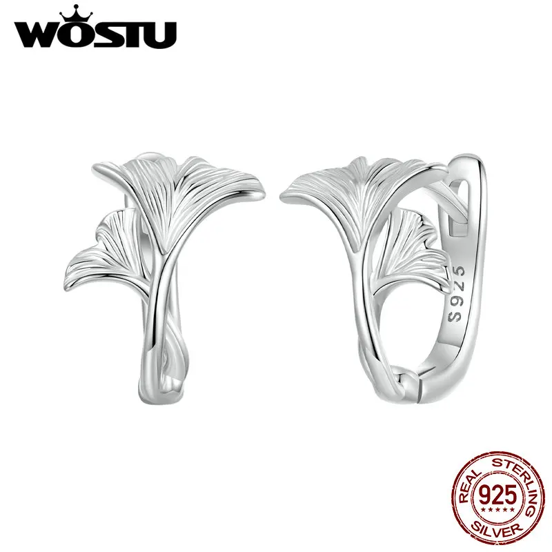 WOSTU Original 925 Sterling Silver Plant Ginkgo Leaf Hoop Earrings White Gold For Women Anniversary Party Gift Fine Jewelry