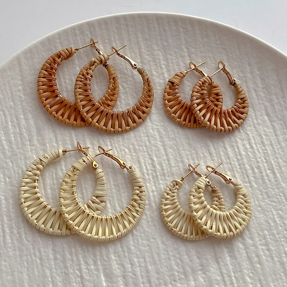 Bohemian Straw Earrings Handmade Beach Rattan Hoop Dangle Summer Seaside Holiday Jewelry Women Gift