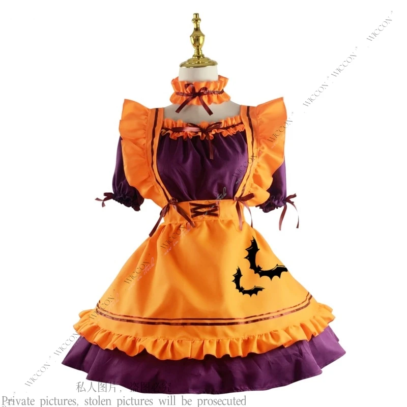 Halloween Maid Cosplay Costume Dress Apron Headwear Sleeve Necklet Legwear Woman Adult Kid Maid Uniform Role Play Stage Costume