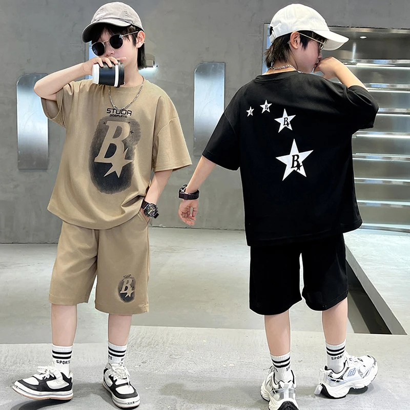 New Summer Teenager Boys Clothing Set Cotton Letter Short Sleeve T-shirt Shorts 2Pcs For 4-14 Years Kids Tracksuits Child Cloth