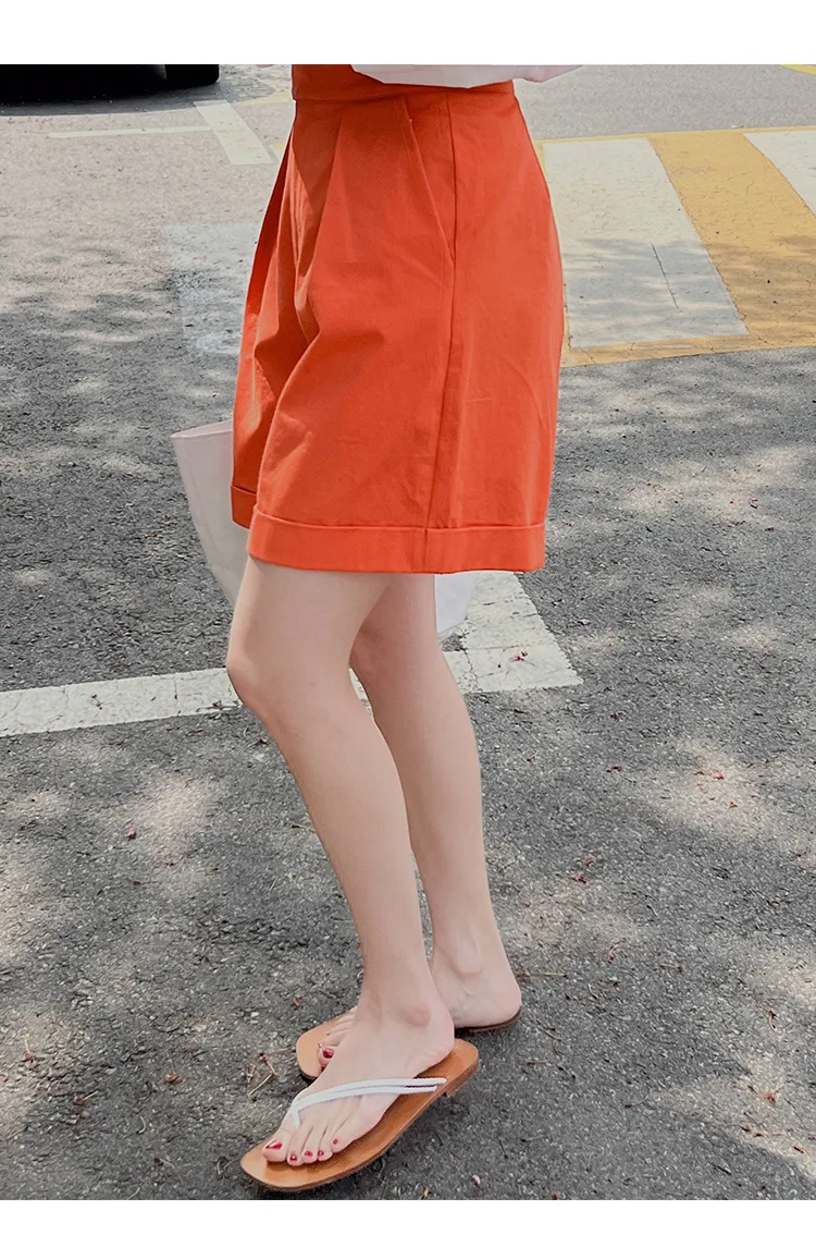 Shorts soltos casuais de cintura alta feminino, cor sólida, verão
