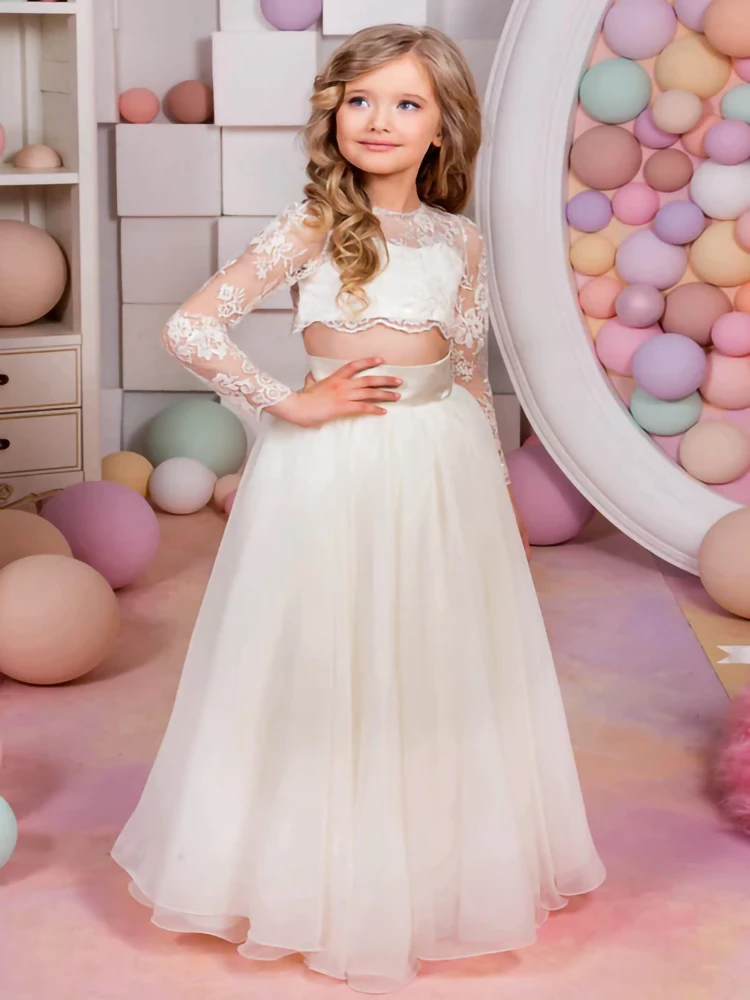 

white Chiffon Flower Girl dress Lace long sleeve Two-piece set bespoke occasion ball gown kids pageant party evening long skirt