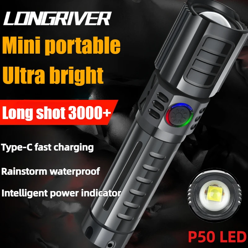 LED Strong Light Flashlight Telescopic Zoom USB Charging Compact Portable Focused Long-range Portable Household Flashlight