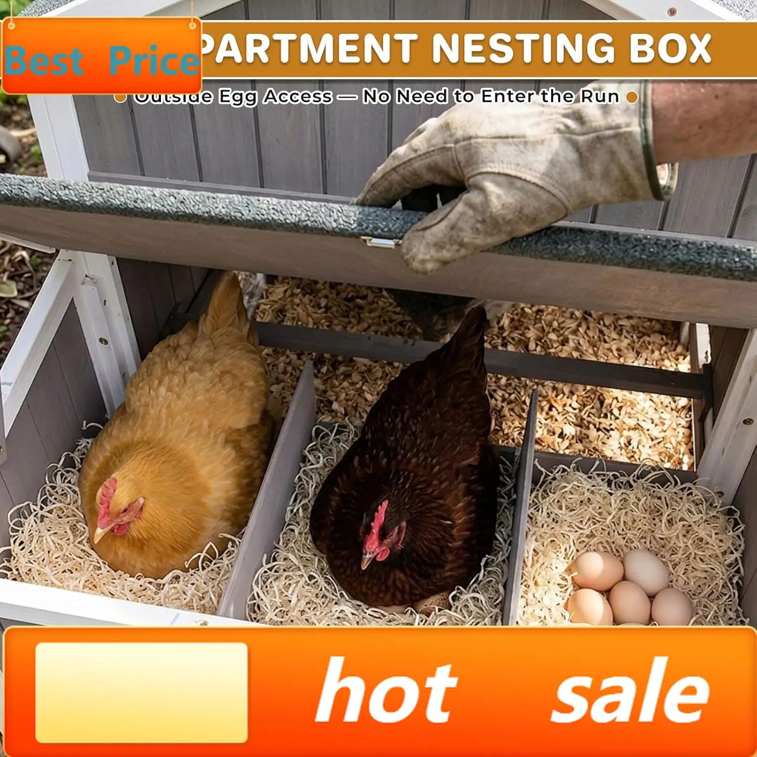 

Large Outdoor Chicken Coop with Run & Wheels, 95.3" Wooden Hen House for 3–6 Chickens, 3-Compartment Nesting Box (2 Dividers), P