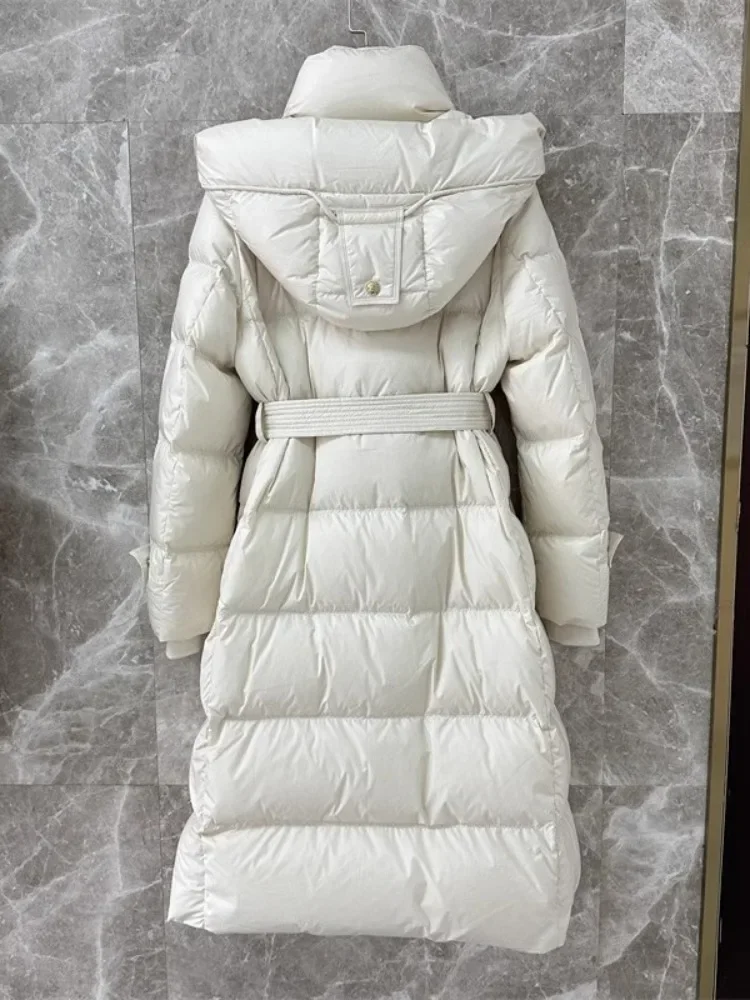 Long Hooded Down Jacket Thickened Lace-Up Slim-Fit Over-The-Knee Elegant Loose Winter New Oversize White Duck Puffer Coat Women