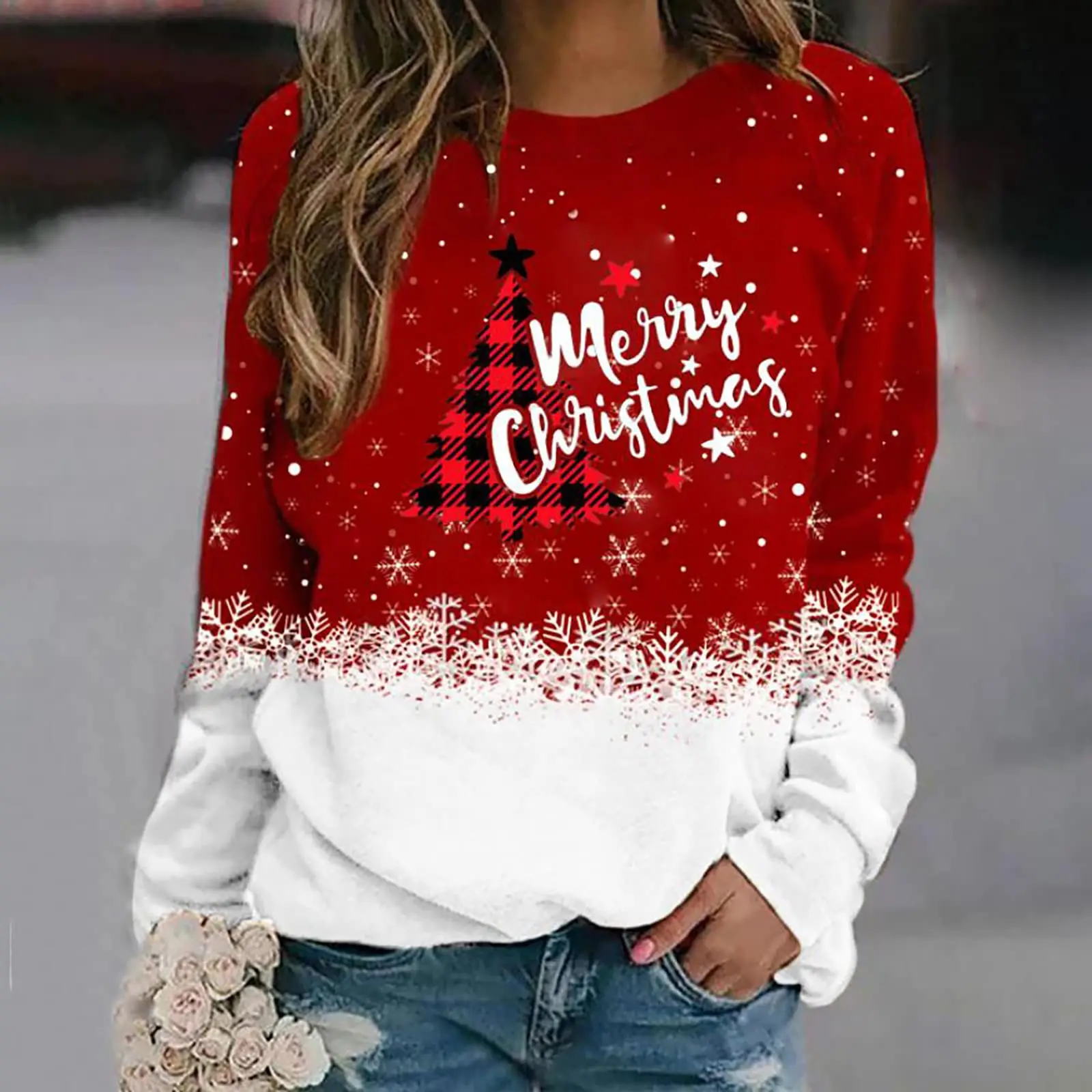 Women Sweatshirt Designer Round Neck Long Sleeve Fashion Casual 3D Gradient Snowflake Pattern Printing Christmas Party Tops