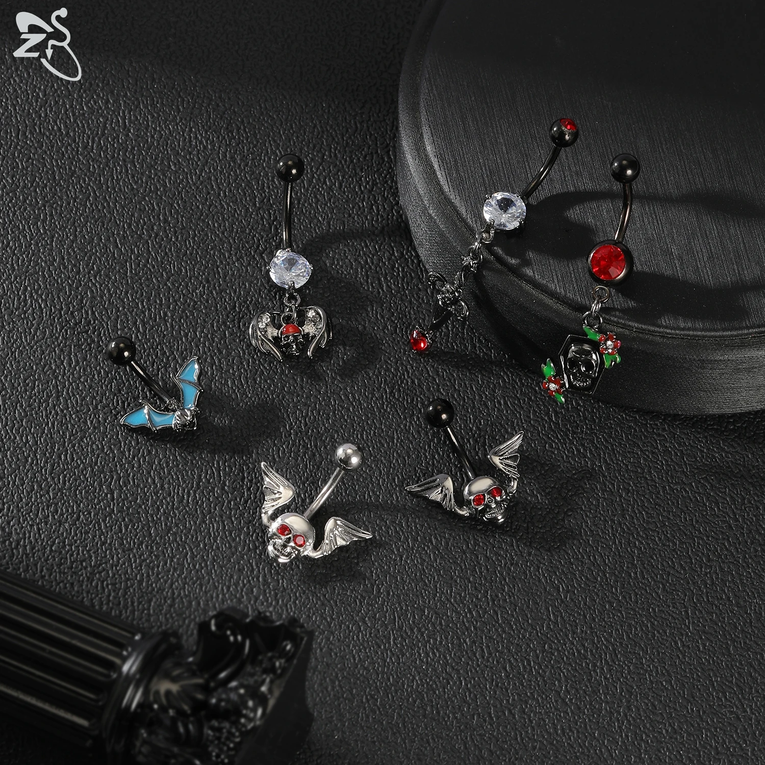 AOEDEJ 1 PC Punk 14G Stainless Steel Belly Ring Black Color Skeletons Bellys Button Rings Dragon Pendant Navel Piercing Jewelry