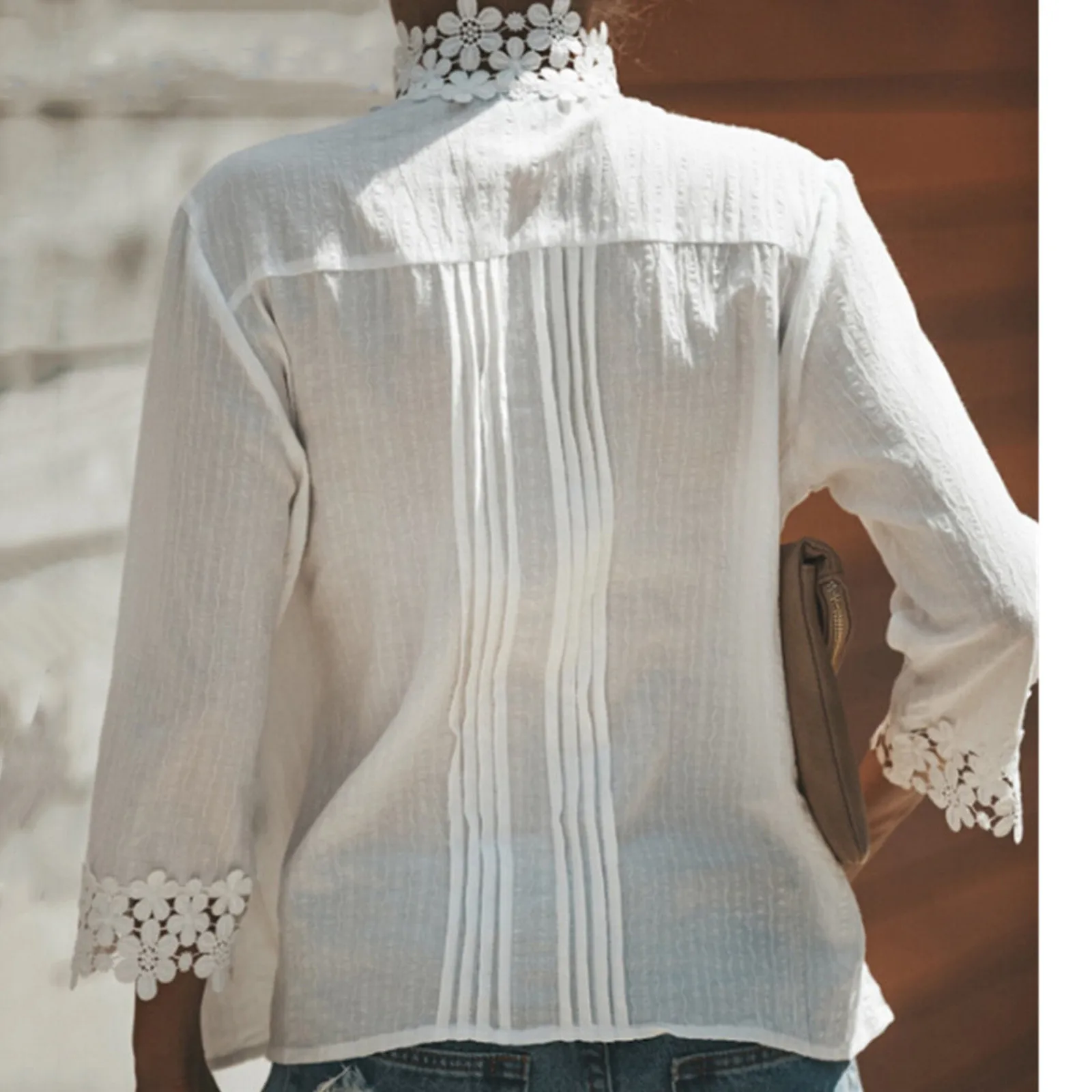 Sexy Lace Hollow Out Women Blouse 2023 Button O Neck Elegant Tops Vintage Button Up Shirts Long Sleeve Mesh Design Tops Femme