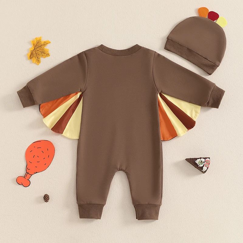 Pudcoco Infant Newborn Baby Thanksgiving Turkey Costume Long Sleeves Round Neck Contrast Color Jumpsuit Crest Hat Outfits 0-18M