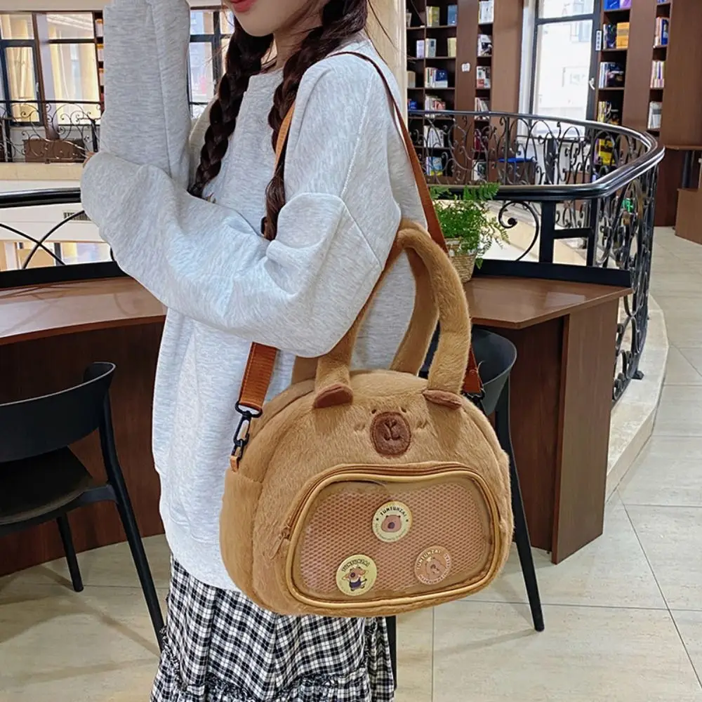 

With Badge Capybara Plush Crossbody Bag Transparent Layer Handheld Capybara Plush Backpack Zipper Cute Capacity Ita Bag Outdoor