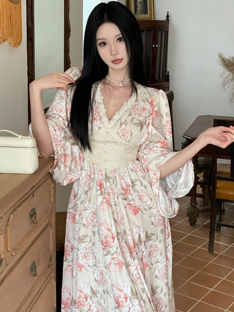 المرأة الوردي الأزهار شيك الدانتيل الخامس الرقبة فستان طويل فاخر الخريف الشتاء الكورية Bodycon فستان الحفلات 2025 أنيقة مهرجان فستان سهرة