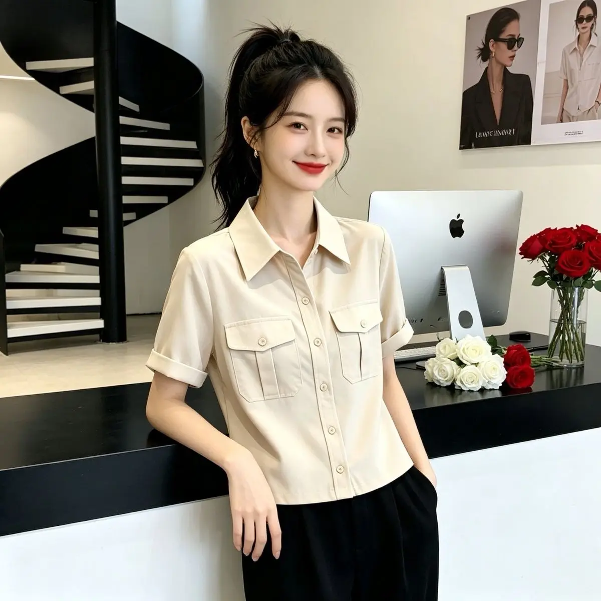 Retro Hong Kong Style Women's Short Sleeve Shirt Double Pocket Turn-down Collar Commute Versatile Fashion Design Short Top