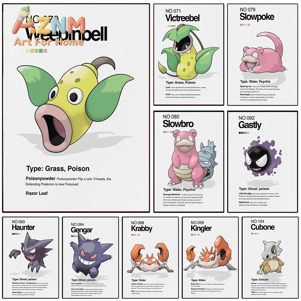 2D Flat Posters & Prints,Weepinbell Pokemon Card Style Canvas Wall Art,2D Flat Frameless Anime Monster Print,Home Decor for Ki