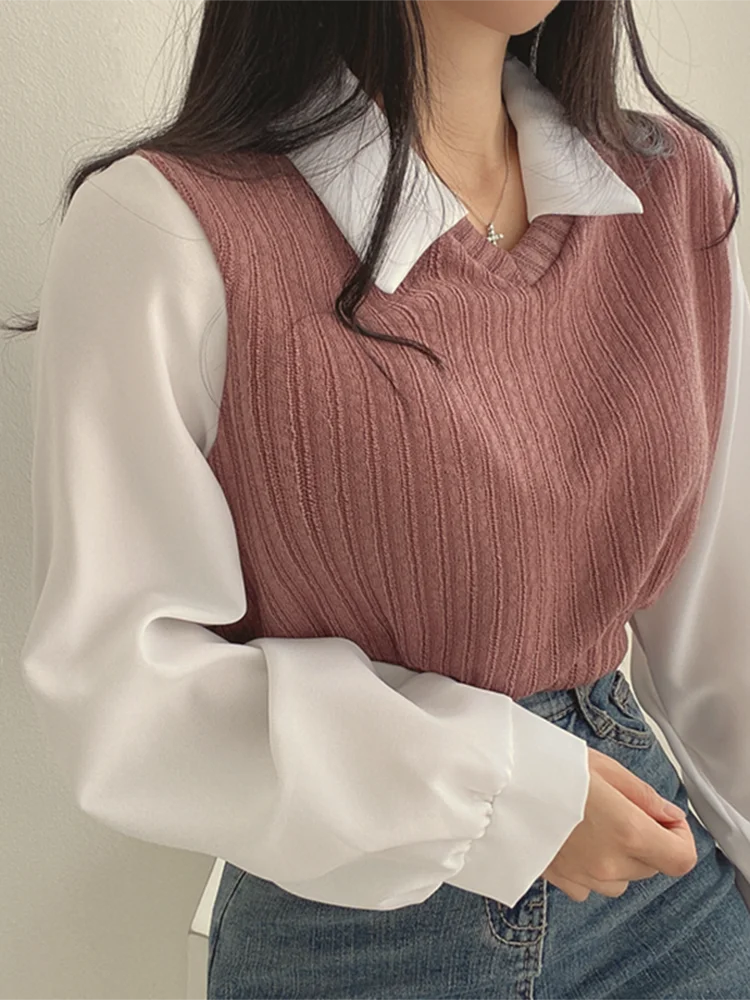 Jmprs Fashion Patchwork Women Blouse Knitted Korean Lantern Long Sleeve Pullover Short Tops Chic Turn Down Collar Ladies Tops