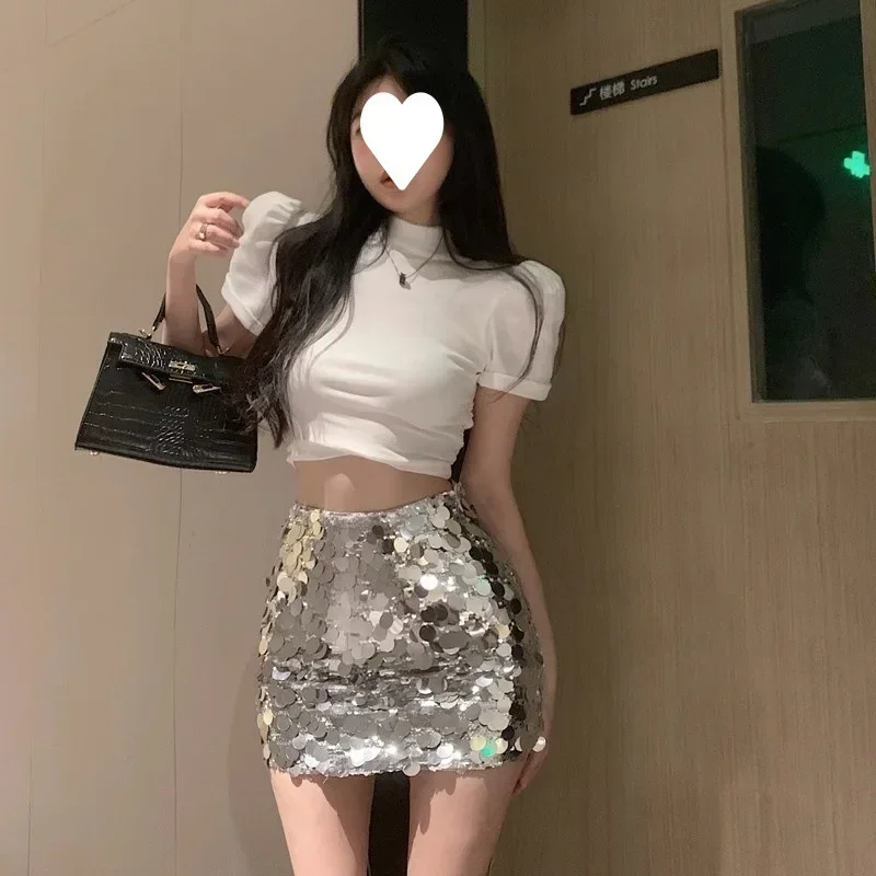 

Women High Waisted Shiny Mini Skirt Zipper Fly Sequins A-Line Black Y2k Evening Skirt Sexy & Club Slim Chic Goth