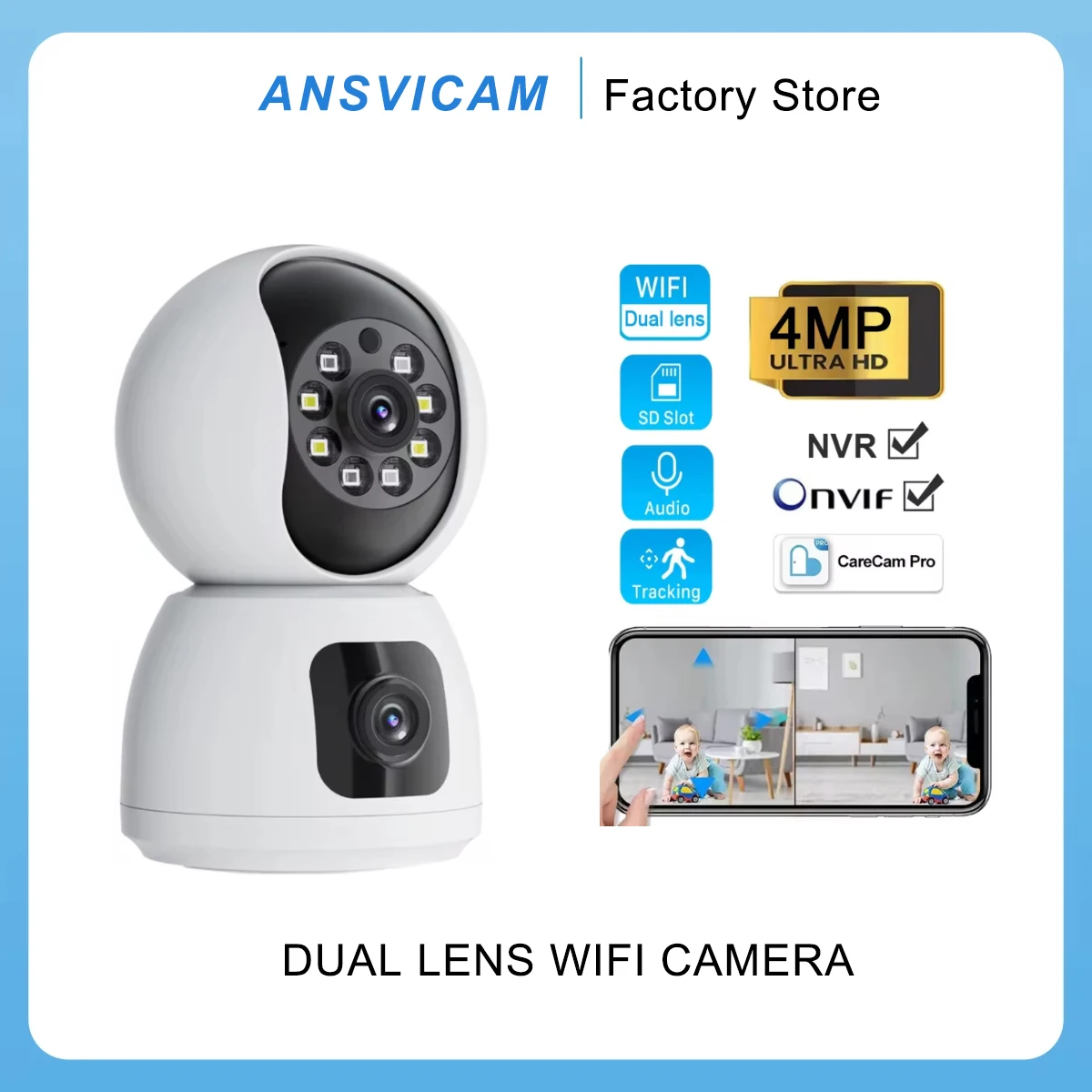 4MP 2K PTZ Camera | Dual Lens IP WIF Smart Home Security Wireless Surveillance with Two-way Audio Baby Pet Monitor CareCam Pro