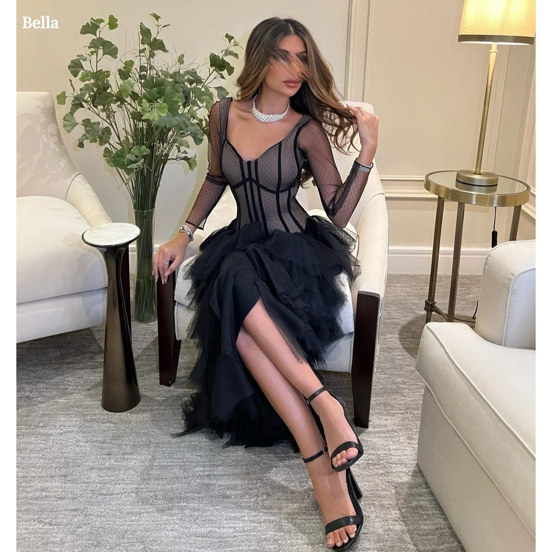 

Bella Индивидуальные черные многослойные халаты без бретелек для вечеринок с боковым разрезом и длинными рукавами, вечерние платья длиной до пола, платье для выпускного вечера 2025
