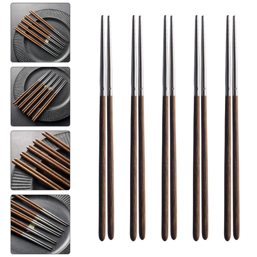 5 Pairs Wing Wooden Handle Chopsticks Japanese Kitchen Utensils Point Korean Metal