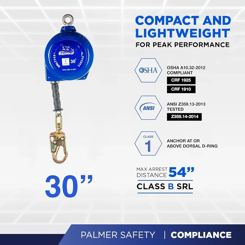 30 قدم. خط الحياة ذاتي التراجع I ANSI Z359.14-2021 فئة 1 I SRL كابل مجلفن علوي دوار لجهاز #4