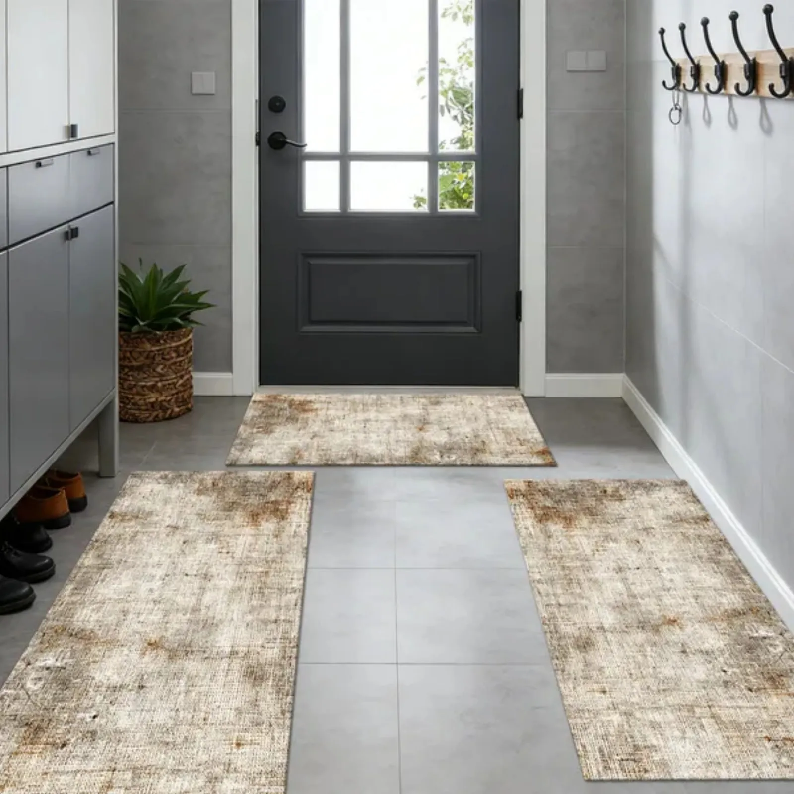 Three-piece kitchen rug set non-slip and washable, abstract pattern kitchen hallway rug soft and comfortable, suitable for sinks, floors, entrances, hallways and bathrooms.