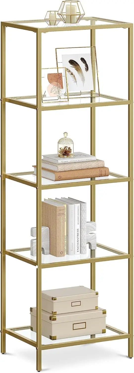 

VASAGLE Bookcase, 5-Tier Bookshelf, Slim Shelving Unit for Bedroom, Bathroom, Home Office, Tempered Glass, Steel Frame, Metallic