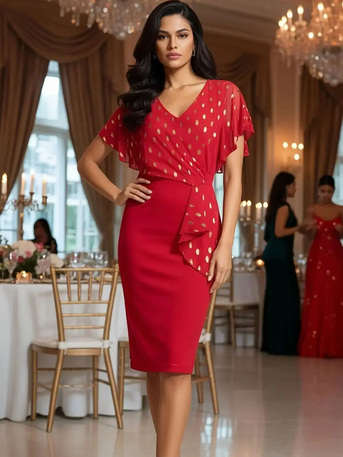 Damen Cape-Rüschenkleid Sommer V-Ausschnitt Gepunktetes Cocktail-Kleid Knielang Rot Rüschen Casual Party Chiffon Bleistift-Bodycon-Kleid