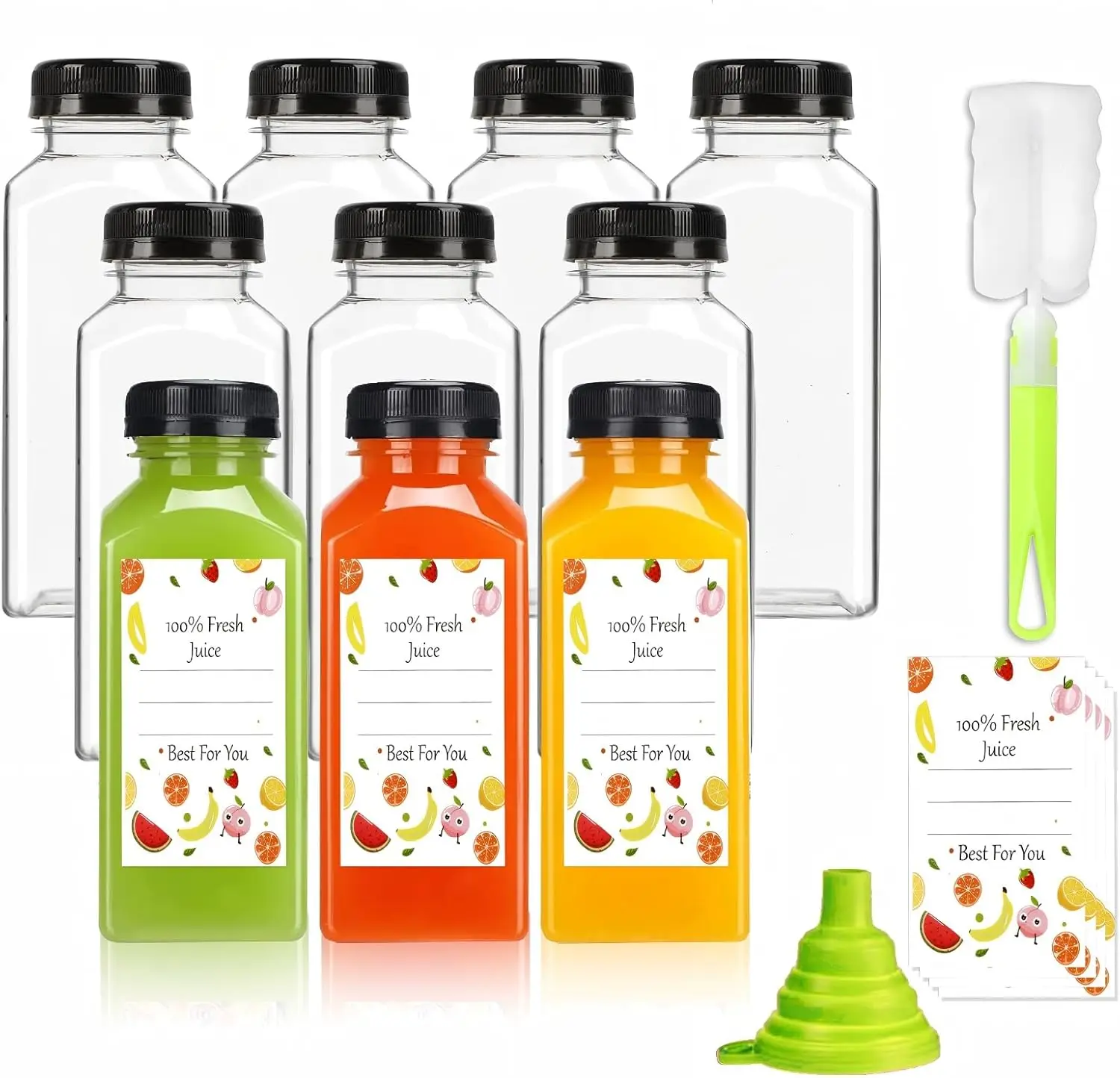 Reusable 12oz Plastic Juice Bottles with Caps, 10pcs Set Includes Labels, Brush & Funnel for Drinks