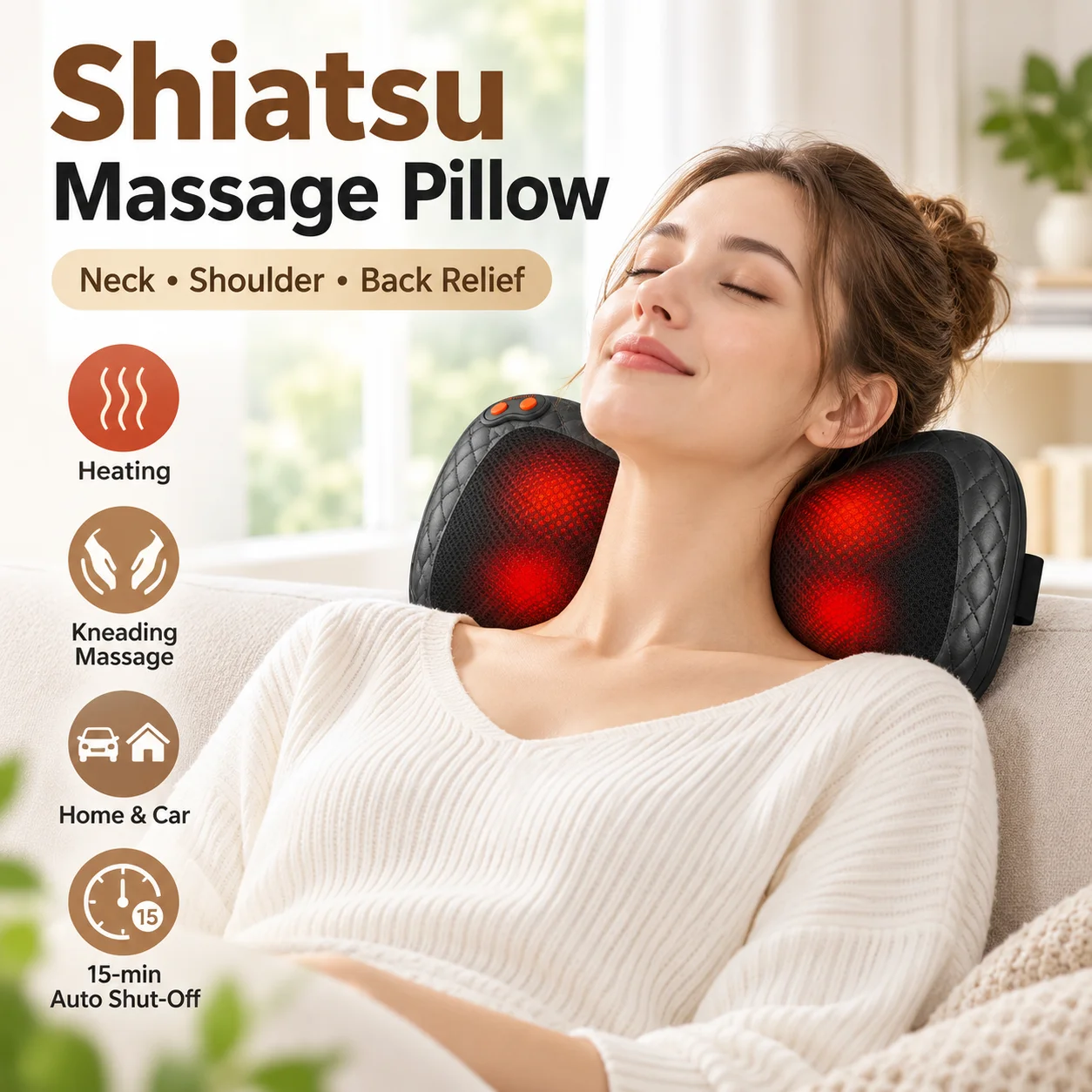 Jinkairui Car & Home Dual-use Massage Pillow, Electric Shiatsu Kneading Massager for Neck, Back, Waist with Heat Gift