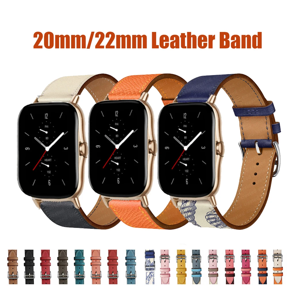 

20mm/22mm Leather band For Amazfit GTS 4/3/2/2e/GTS2 Mini/GTR 4/3 pro/GTR2/2e/strato 2/3 Herme Watch Bracelet Amazfit bip strap