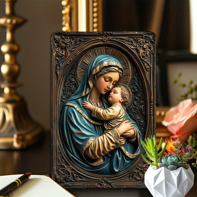 زخرفة معدنية، لوحة فنية جدارية من الألومنيوم، علامة معدنية مريم العذراء الكاثوليكية ويسوع ديكور جدار معدني من الألومنيوم لغرفة المعيشة