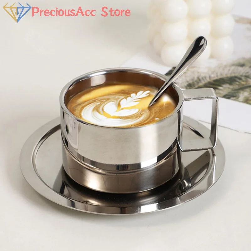 3pcs Stainless Steel Coffee Cup Set Double Walled Heat Resistant Mug With Saucer Spoon Drink Tableware Kitchen Cafe Accessories